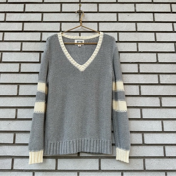 Nation LTD Gray Cream V-Neck Varsity Stripe Knit Sweater Pullover Small Academia - Picture 1 of 6